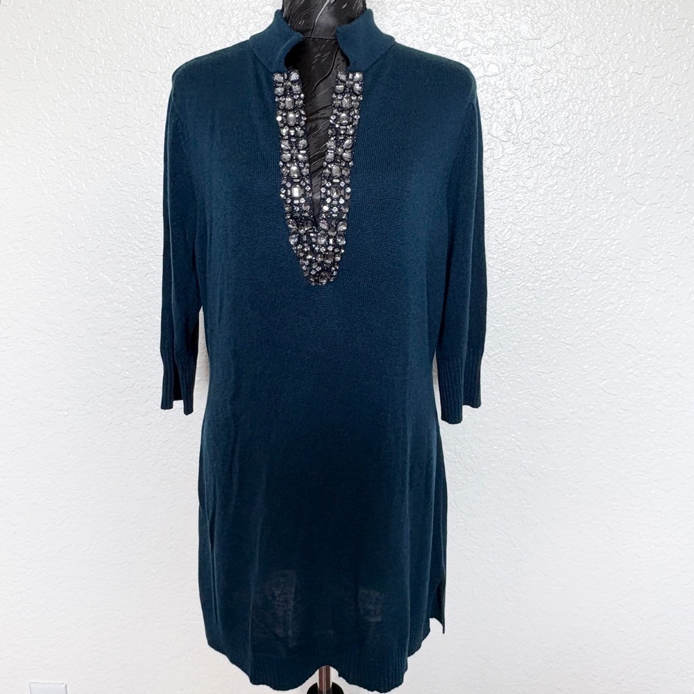 Magaschoni Tunic Dress Silk Cashmere‎ Jewel Neck, Womens L Teal